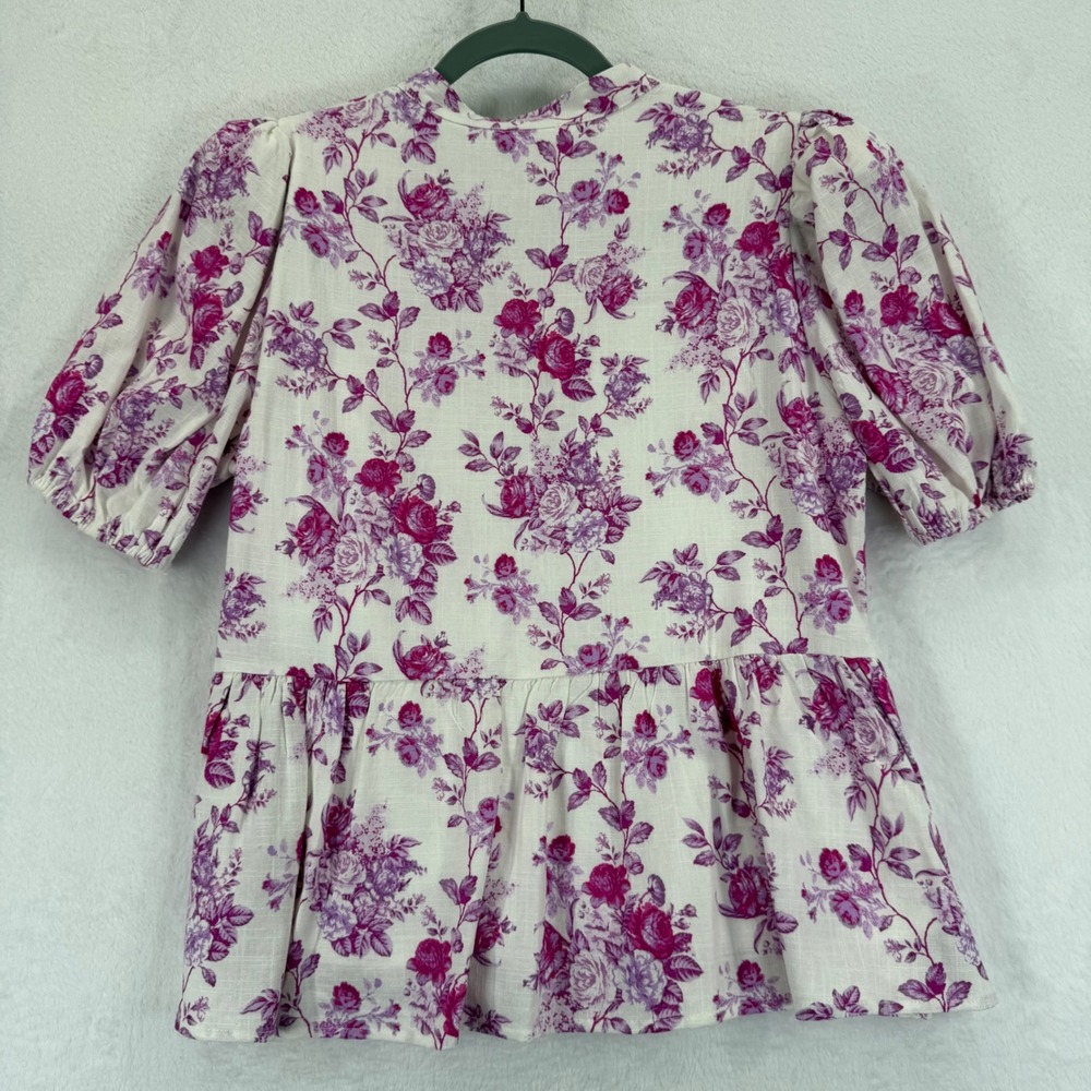 TCEC White Floral Linen Blend Tiered Top Blouse Scalloped Neckline Sz L - Picture 7 of 8